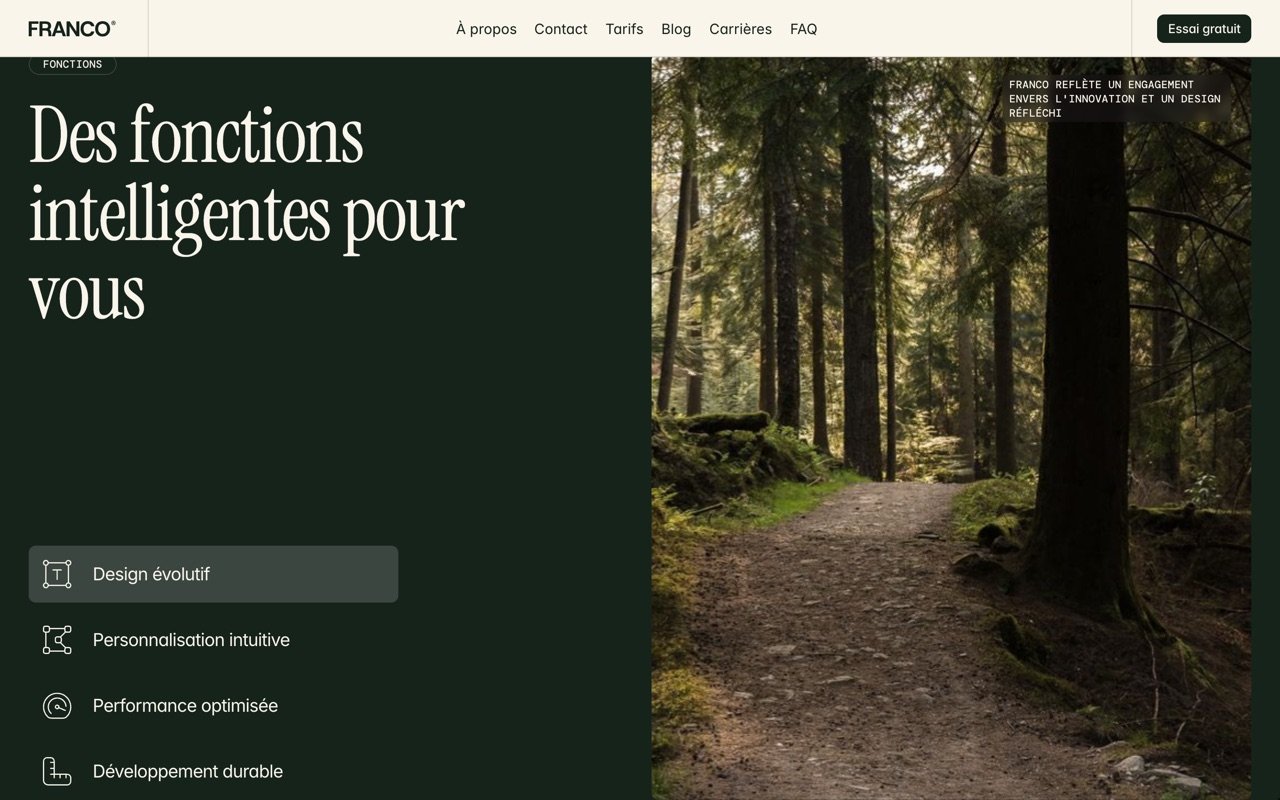 Section des fonctionnalités de Franco, sur fond vert forêt, avec une photo de forêt.