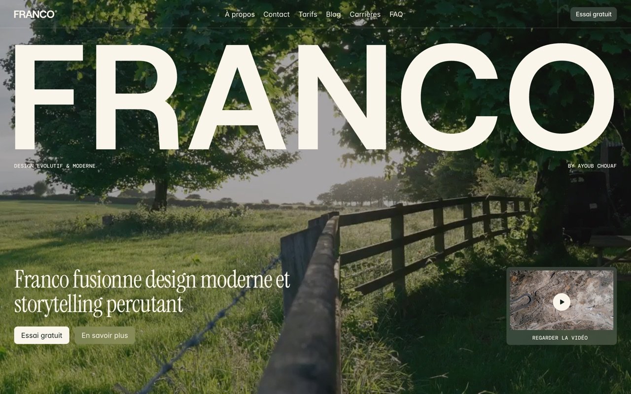 Page d'accueil de Franco : le logotype en très grand sur une vidéo de nature, avec l'accroche « Franco fusionne design moderne et storytelling percutant ».