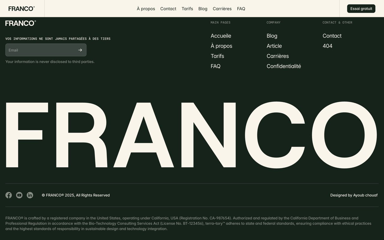 Pied de page de Franco : le logotype en très grand sur fond vert forêt.