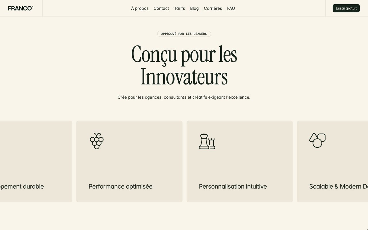 Section « Conçu pour les innovateurs » du site Franco : un grand titre éditorial et des cartes aux icônes fines.