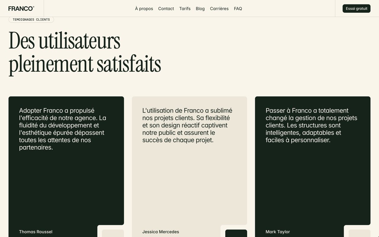 Section des témoignages de Franco : trois cartes vertes et crème.