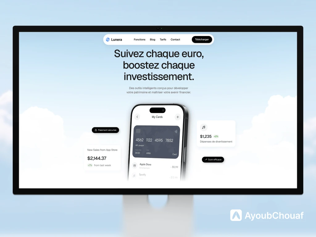 Mockup d'un écran d'ordinateur présentant la page d'accueil du projet Kredo, une plateforme SaaS FinTech créée par Ayoub Chouaf, webdesigner freelance à Blois.