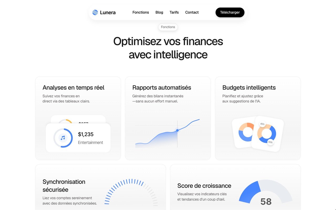 Section « Optimisez vos finances avec intelligence » du site Kredo : des cartes avec de petits graphiques (analyses en temps réel, rapports automatisés, budgets intelligents).