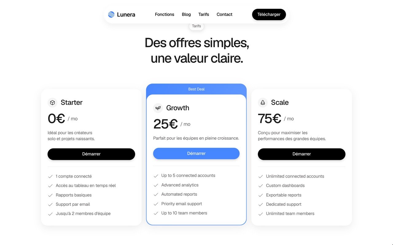 Section des tarifs de Kredo : trois offres, celle du milieu mise en avant en bleu.