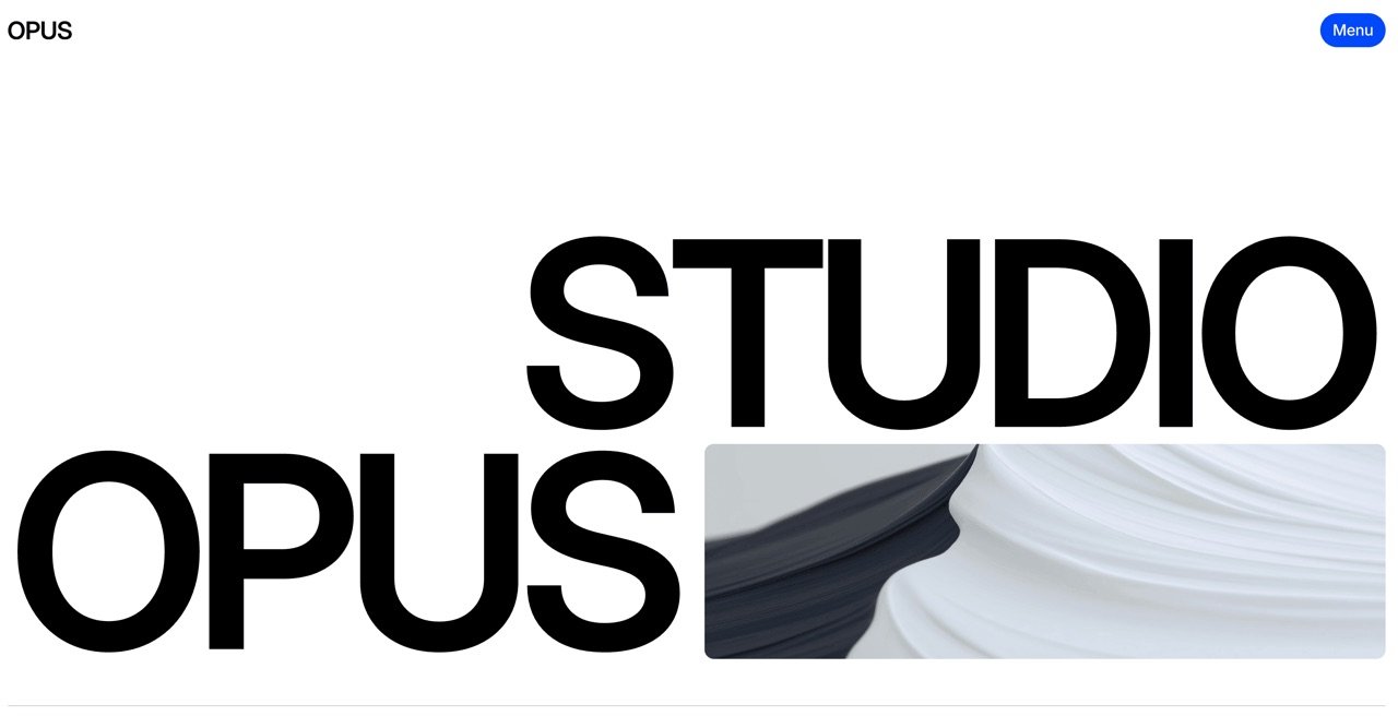 Page d'accueil d'Opus Studio : les mots « Studio Opus » en lettres noires géantes sur fond blanc, à côté d'une image abstraite de vagues grises et blanches.