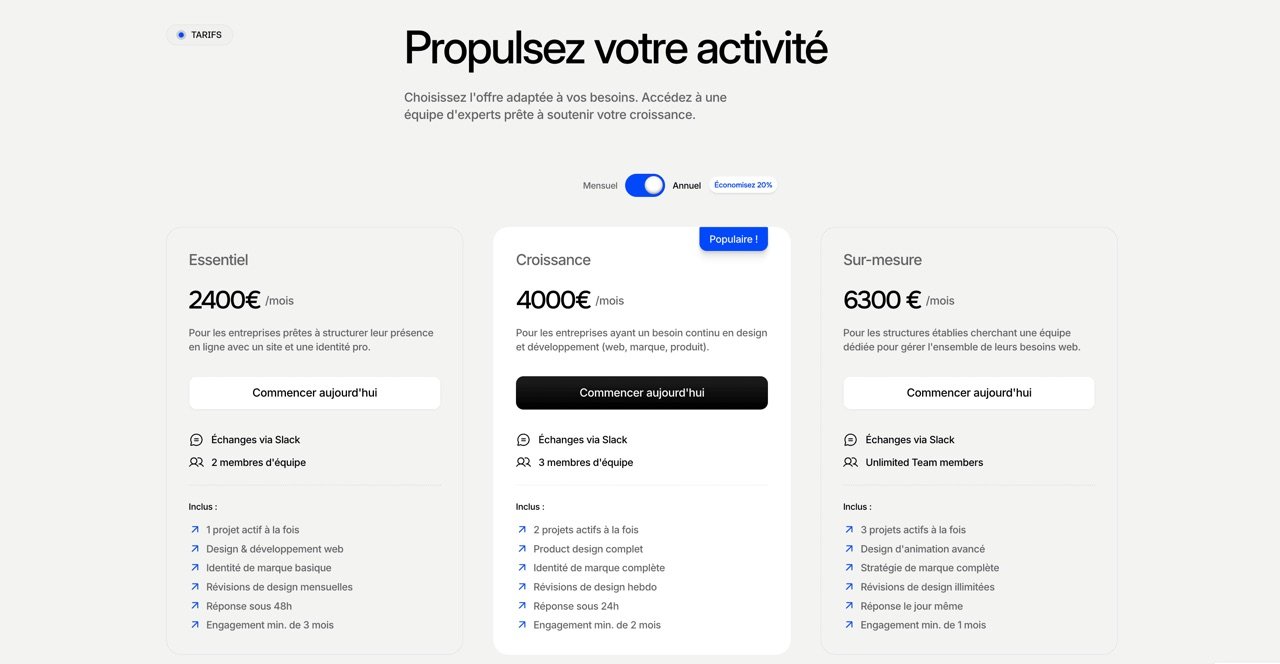 Section des tarifs d'Opus Studio : trois offres (Essentiel, Croissance, Sur-mesure), celle du milieu marquée « Populaire ! », et un interrupteur mensuel ou annuel.