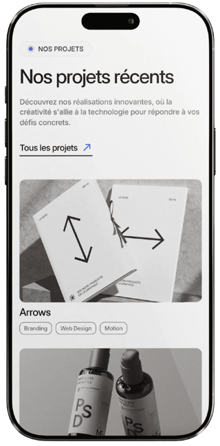 La section « Nos projets récents » d'Opus Studio sur téléphone : le titre, puis le premier projet, Arrows, avec ses étiquettes.