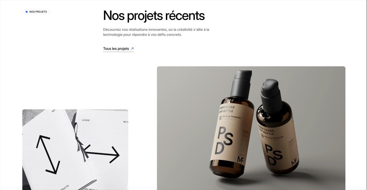 La section « Nos projets récents » d'Opus Studio : le titre, puis les deux premiers projets, décalés en hauteur, chacun avec un grand visuel.