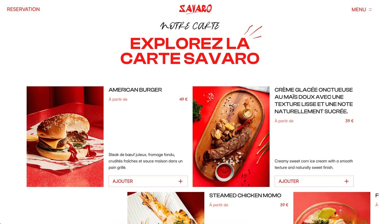 Section « Explorez la carte Savaro » : des plats en grande photo, chacun avec son nom, son prix et un bouton « Ajouter ».