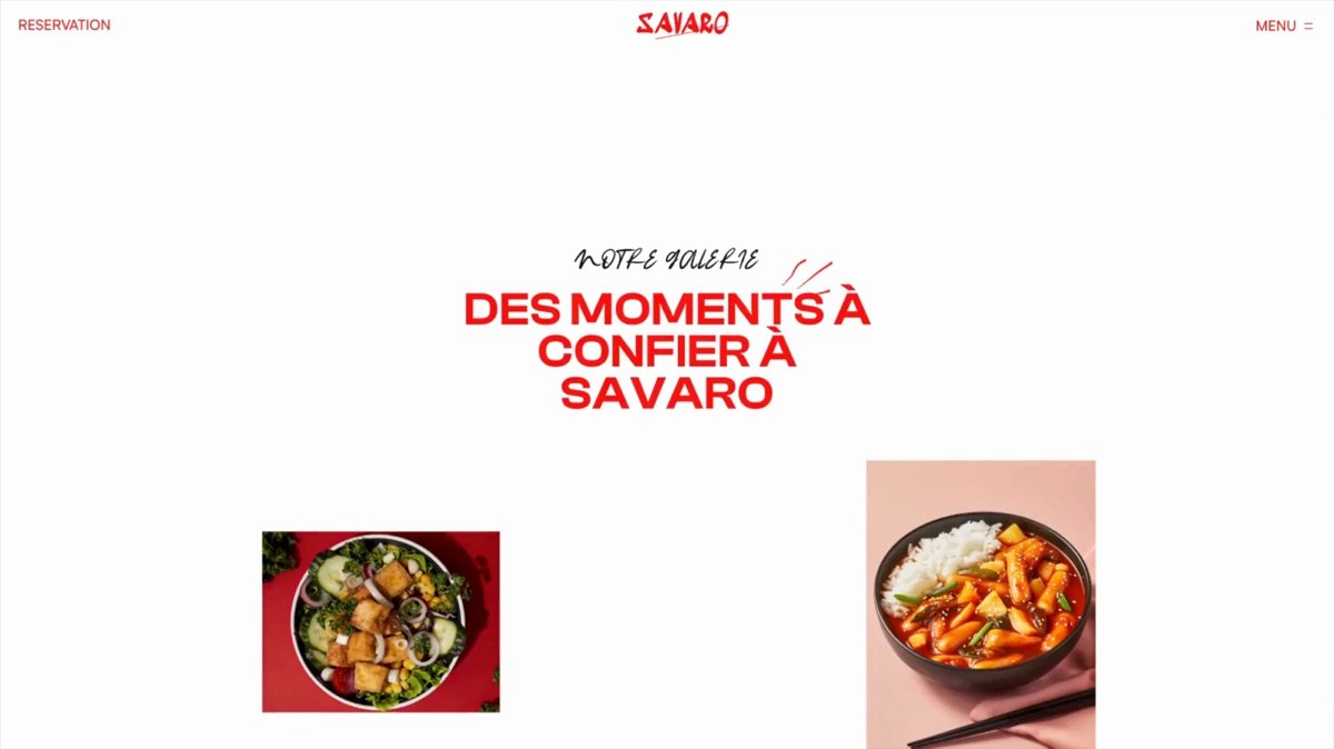 La galerie de Savaro : le titre « Des moments à confier à Savaro » en grandes capitales rouges, au-dessus de deux photos de plats.